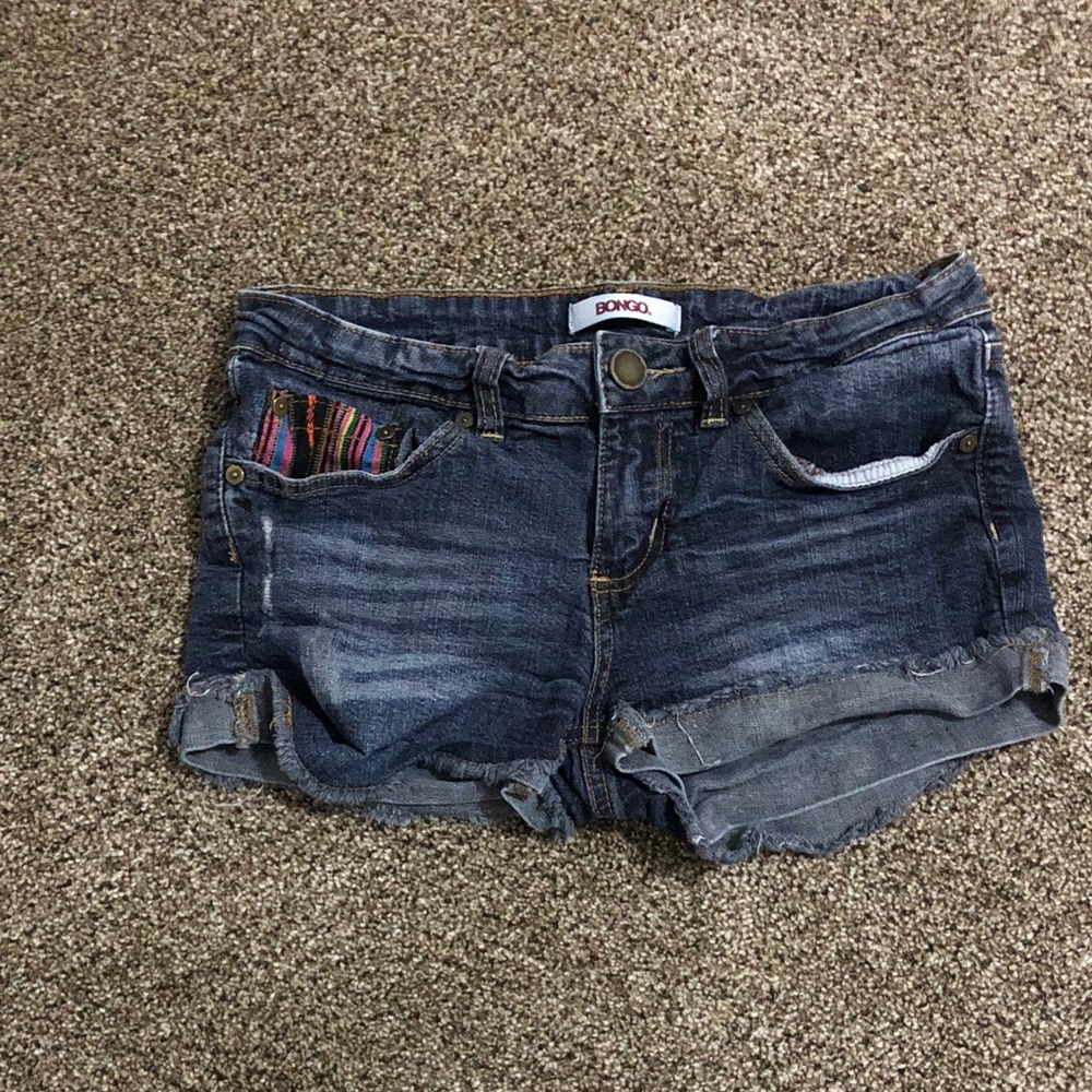 BONGO Dark Blue Distressed Denim Cutoff Shorts with Colorful Pocket Lining